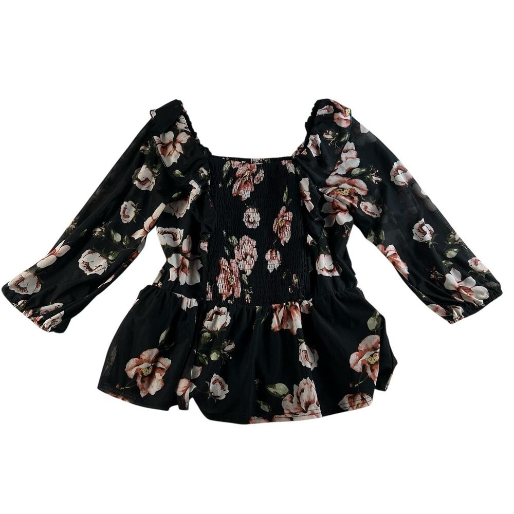Ember M Medium Top‎ Black Milkmaid Sheer Y2K Whimsigoth Whimsical Fairy Smocked